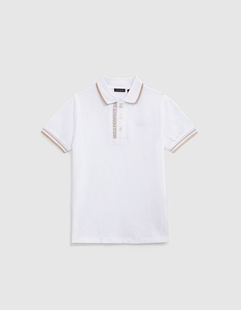 Boys’ white cotton polo shirt with striped ribbing - IKKS