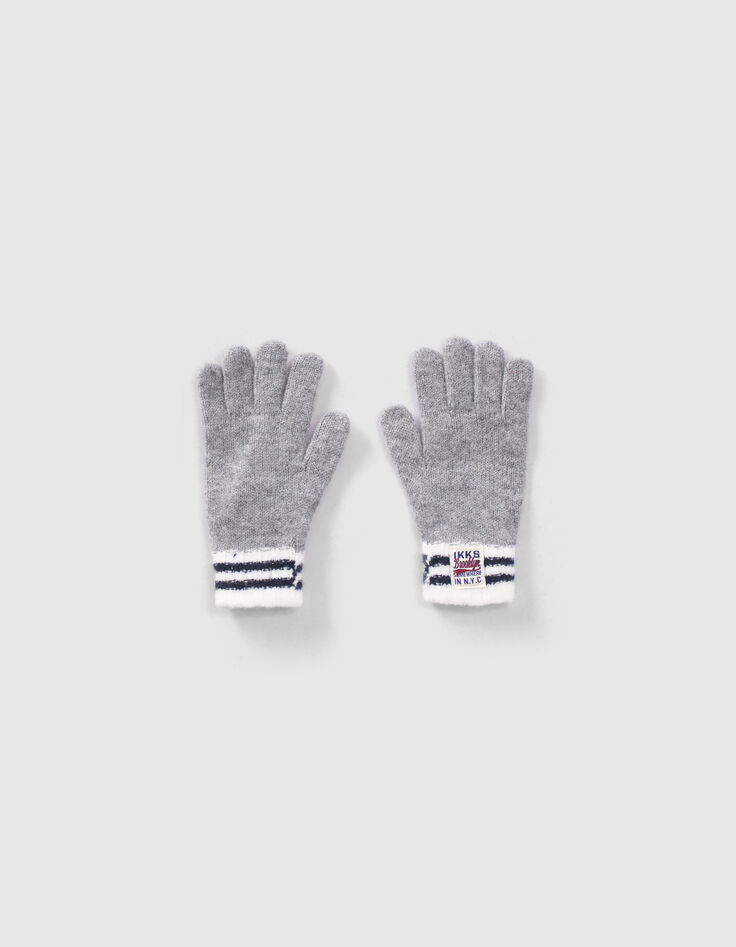 Graue Jungenstrickhandschuhe mit gestreiften Rippb&uuml;ndchen-1