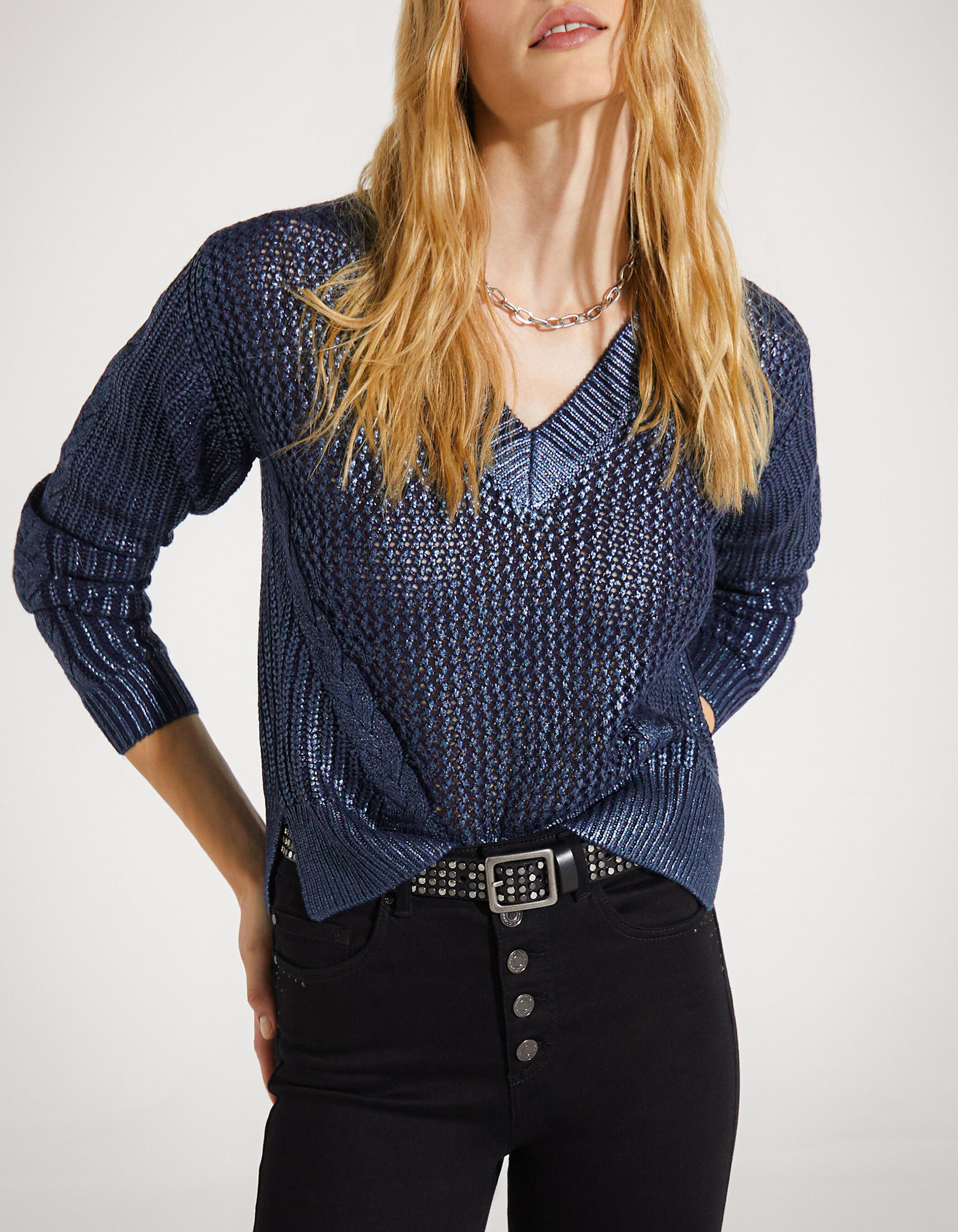 Pull en maille bleu marine enduit iris femme
