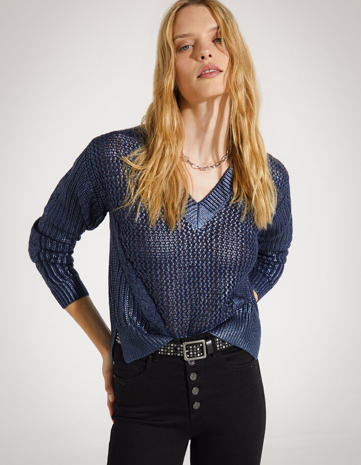 Women’s navy blue iridescent coated knit sweater - IKKS