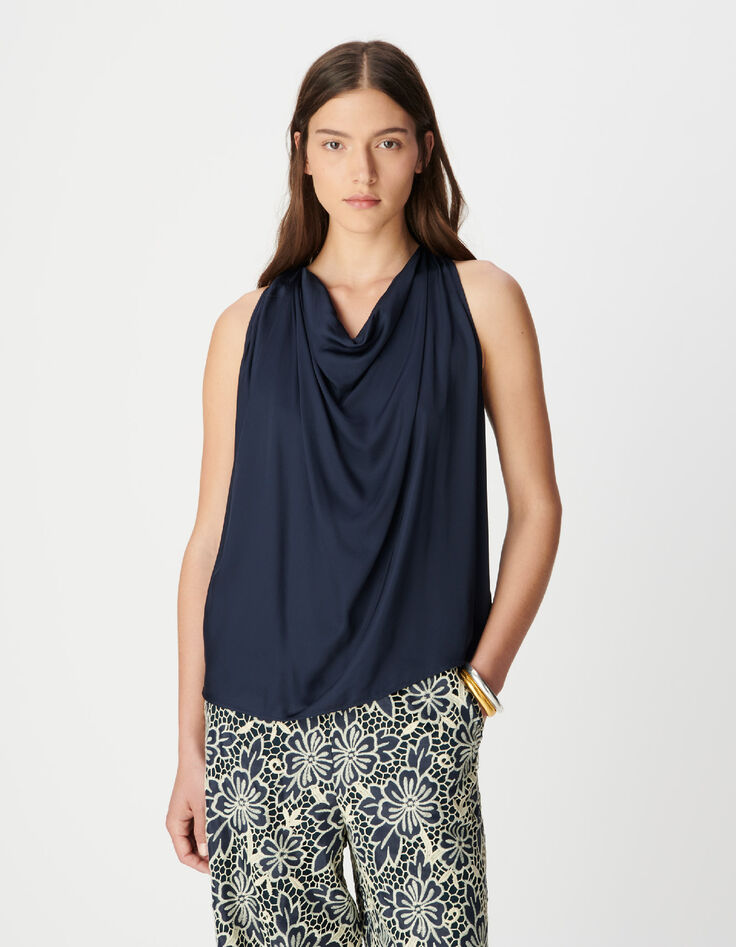 Women's satin navy sleeveless top-2