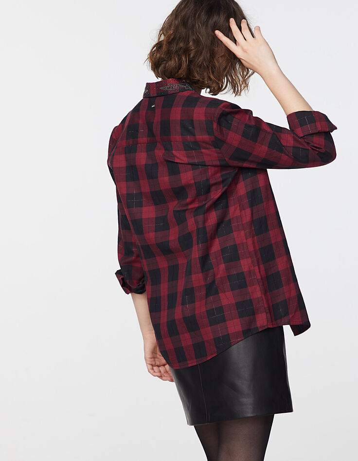Chemise à carreaux métallisés en coton col bijoux femme-3