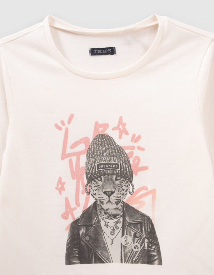 T-shirt écru visuel léopard fond tag pailleté fille-2