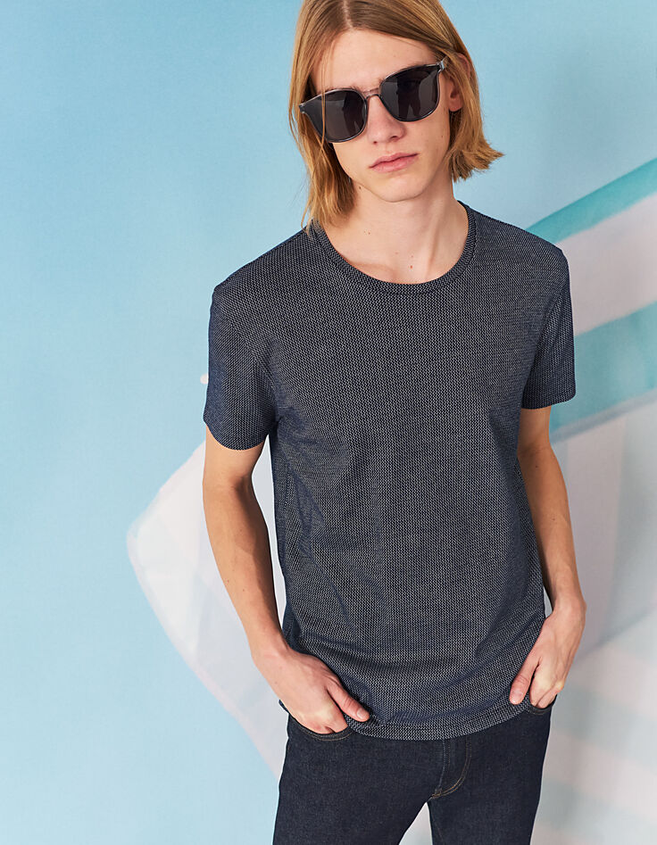 Tee-shirt bleu foncé jacquard faux-uni Homme-1