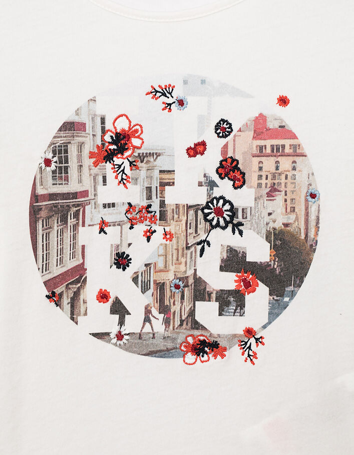 Camiseta cropped blanco roto bordado flores niña - IKKS