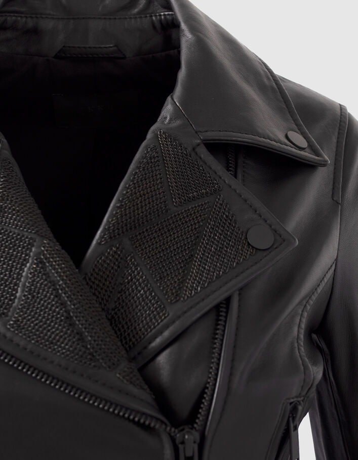 Veste noire en cuir esprit motard décor chaînettes Femme