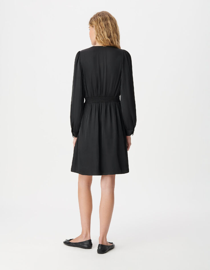 Women's short black satin dress with small buttons-3