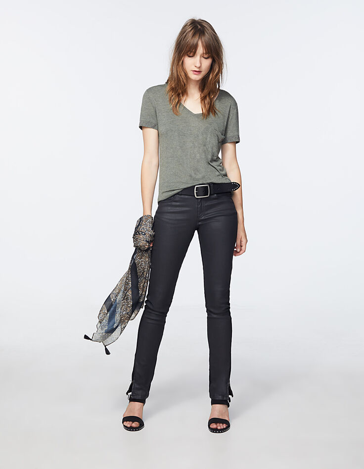 Kaki T-shirt in viscose metallic draden en tekst dames-5
