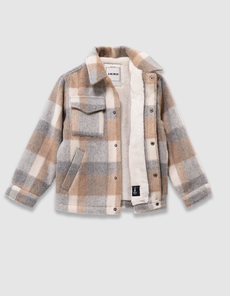 Boys’ beige check woolcloth fur-lined jacket-9 Boys’ beige check woolcloth fur-lined jacket-9