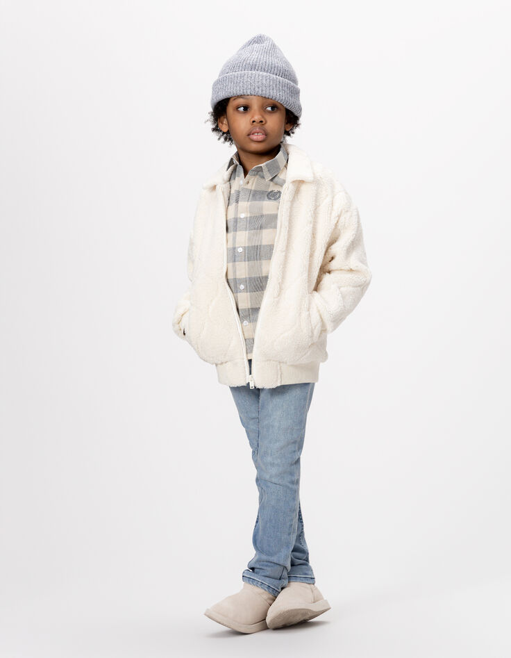 Cremeweiße Jungensweatjacke Zip Steppnähte aus Sherpa-1