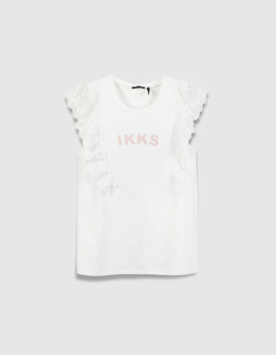 &Auml;rmelloses wei&szlig;es T-Shirt  T&uuml;ll  R&uuml;schenstickerei M&auml;dchen - IKKS