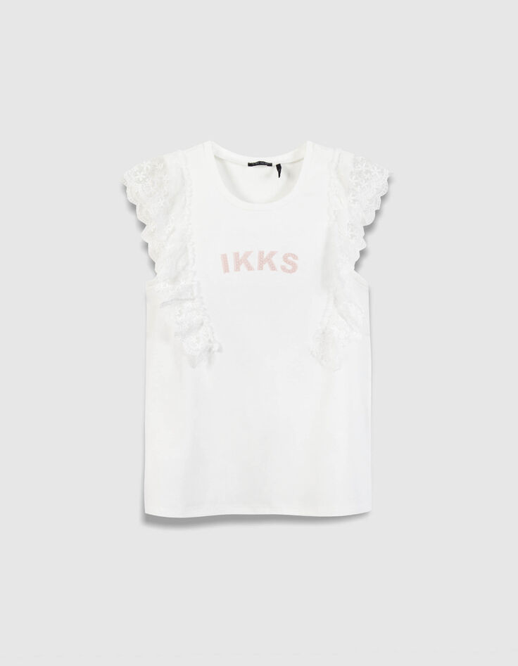 &Auml;rmelloses wei&szlig;es T-Shirt  T&uuml;ll  R&uuml;schenstickerei M&auml;dchen-1