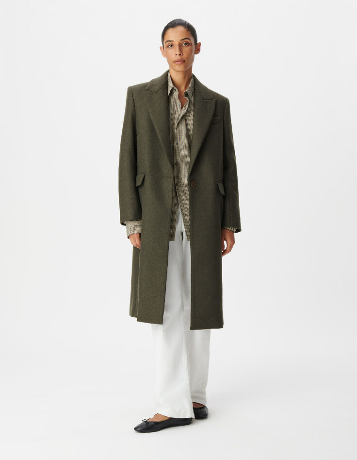 Manteau long droit kaki lainage Femme-1