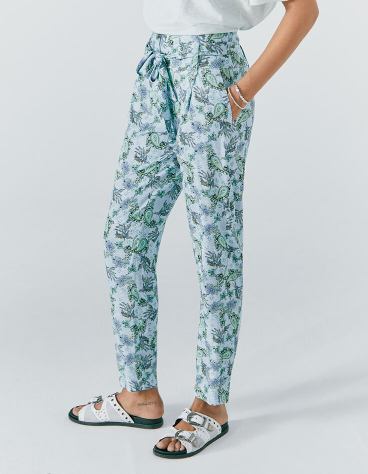 Pantalon en viscose imprim&eacute; cachemire turquoise femme-5