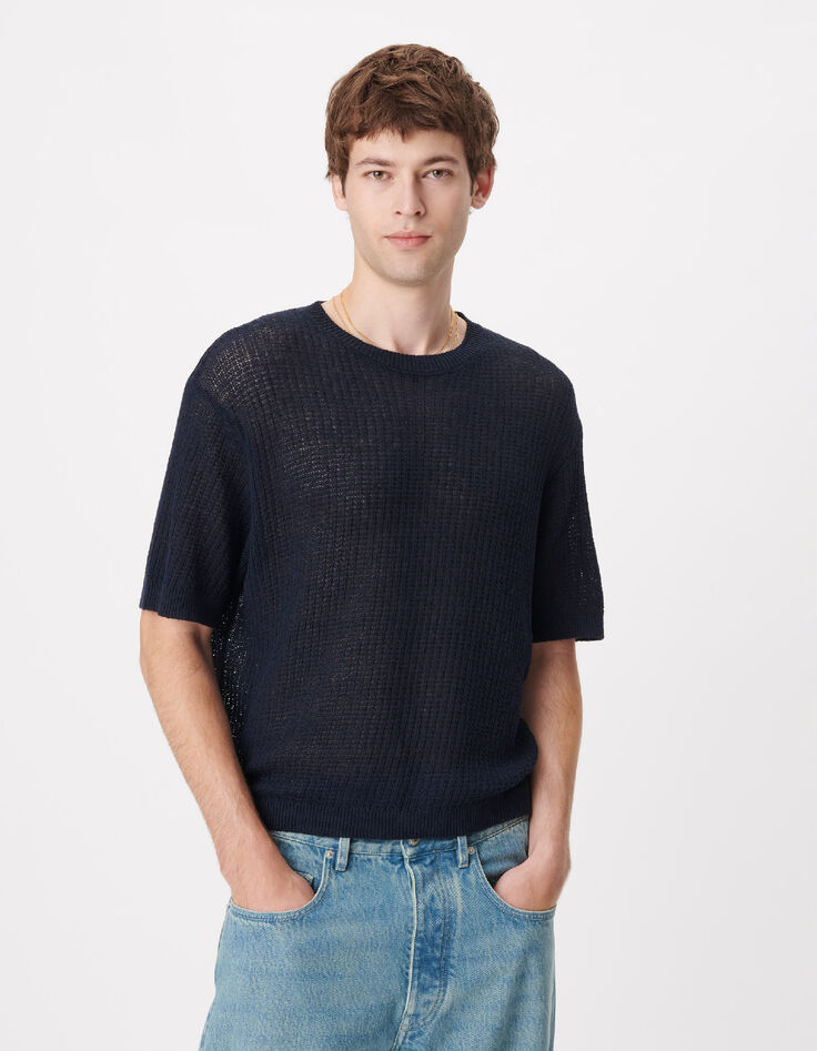 Pull manches courtes marine tricot ajour&eacute; Homme-2