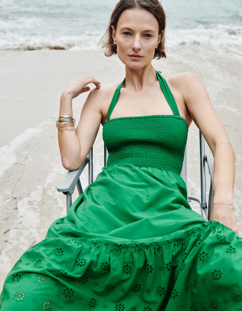 Women's green strapless smocked midi dress - IKKS