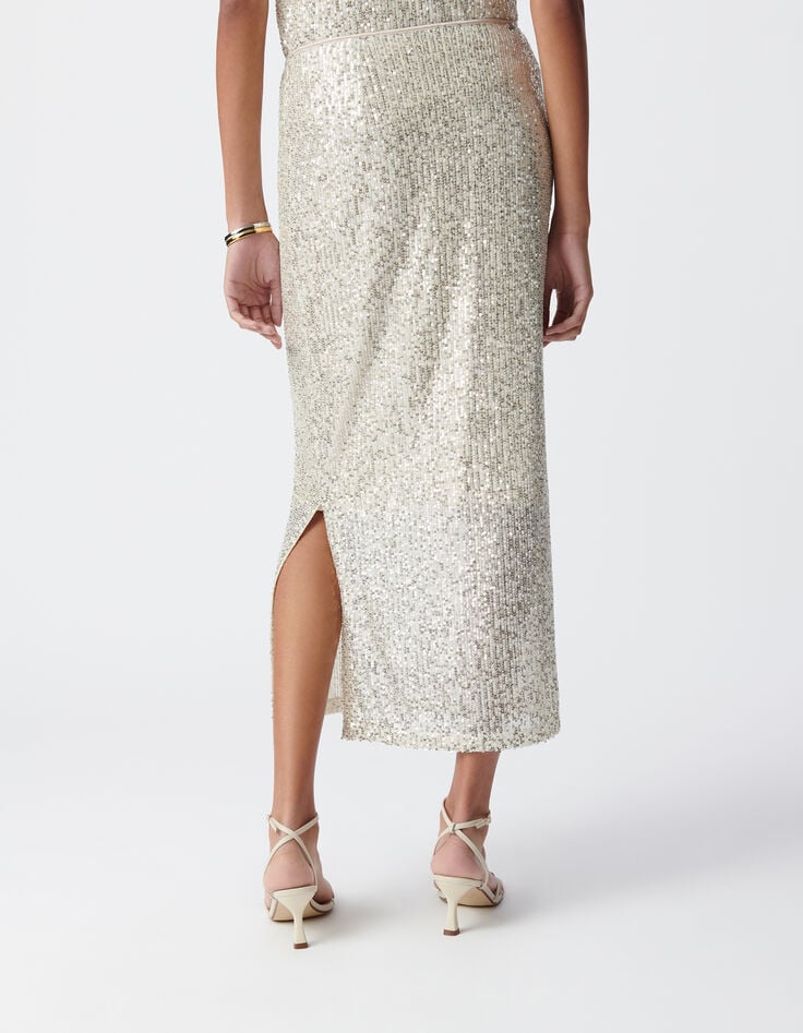 Sequin-embroidered silver midi skirt Women-4