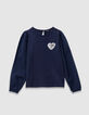 Camiseta de ni&ntilde;a con bordado de coraz&oacute;n en azul marino-1