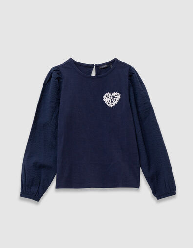 Camiseta de ni&ntilde;a con bordado de coraz&oacute;n en azul marino - IKKS