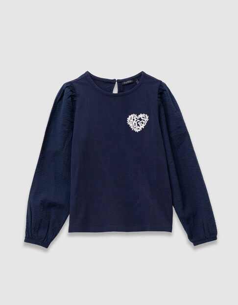 Camiseta de ni&ntilde;a con bordado de coraz&oacute;n en azul marino - IKKS