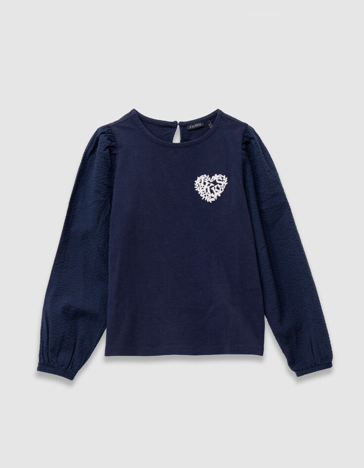 Camiseta de ni&ntilde;a con bordado de coraz&oacute;n en azul marino-1