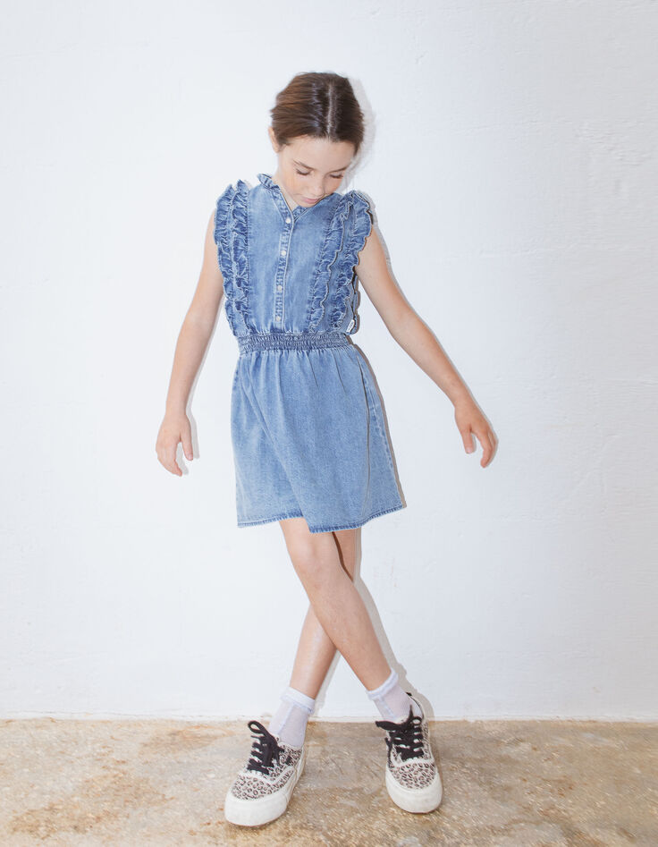Blaues Mädchenjeanskleid mit Rüschen-3