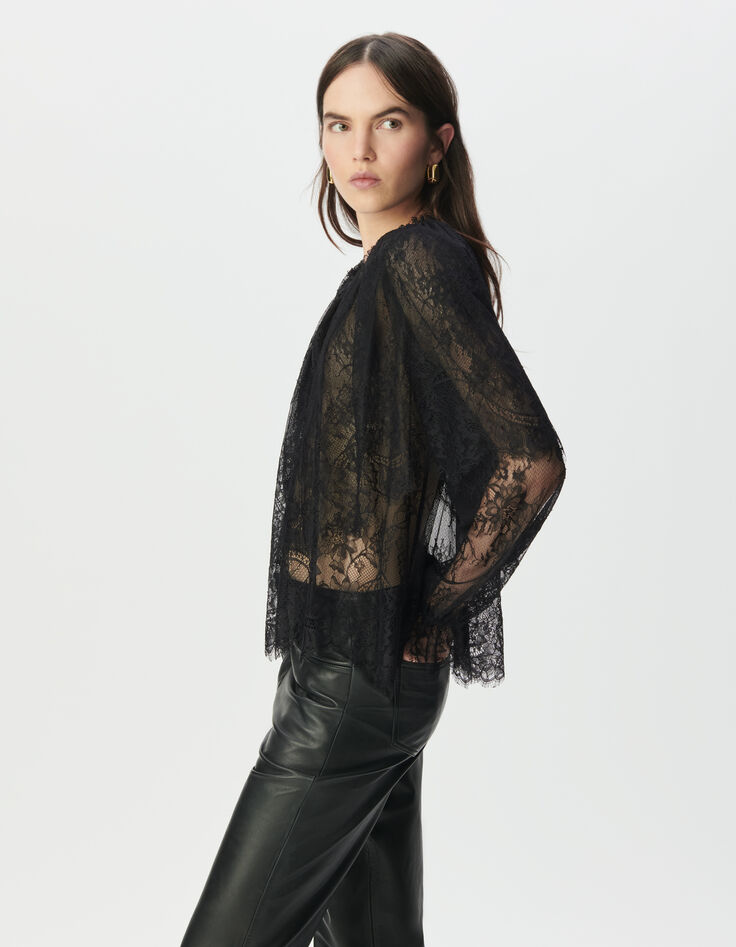 Blouse noire dentelle large volant Femme-5