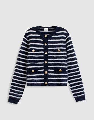 Women's 100% wool navy striped long-sleeve cardigan