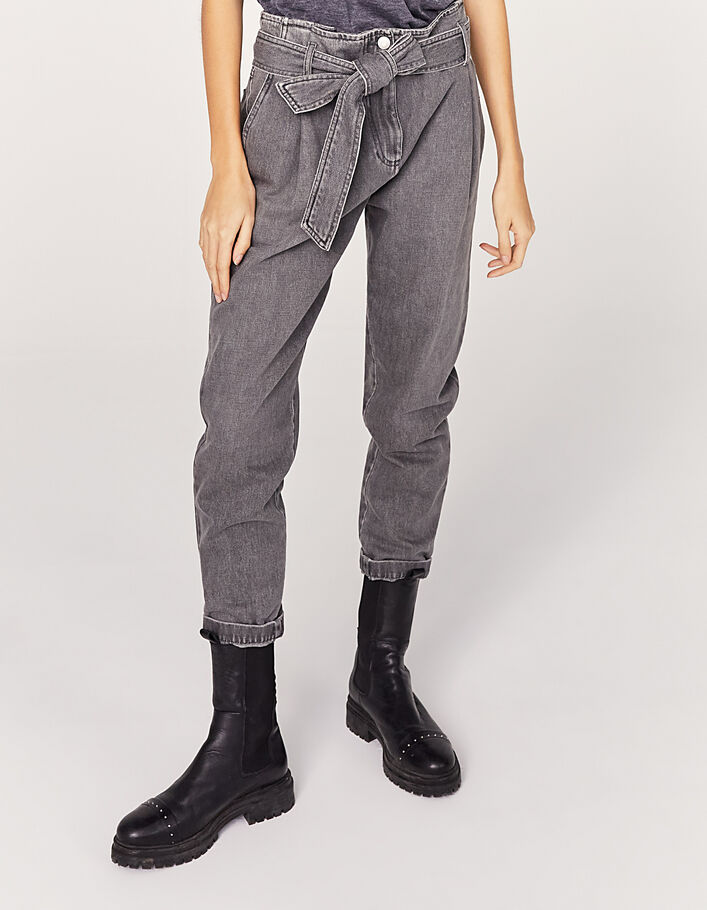 Graue Crop-Damenjeans mit hohem Bund-2
