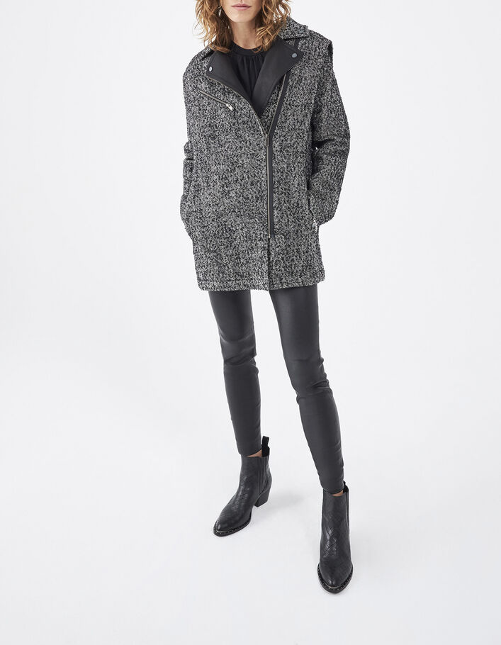 Women’s black wool blend coat with faux leather collar - IKKS