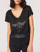 Tee-shirt col V noir métallisé visuel tête de mort femme-1