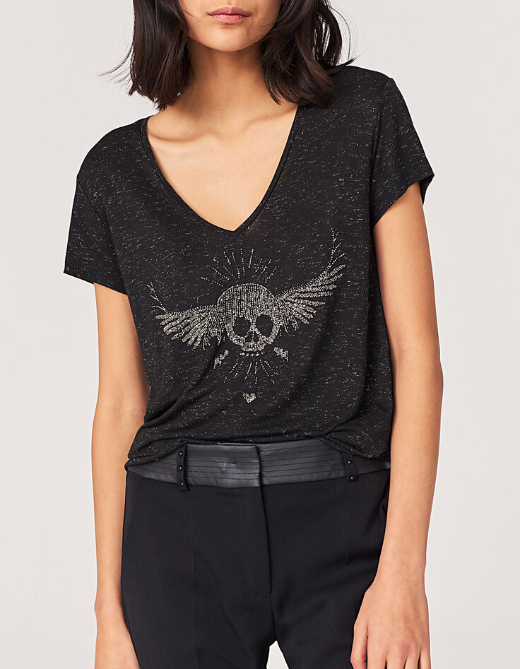 Tee-shirt col V noir métallisé visuel tête de mort femme-1