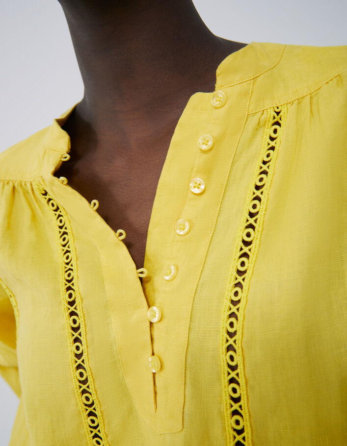 Gestreept Hoe dan ook huiselijk Gele blouse in linnen banden guipure-kant Dames