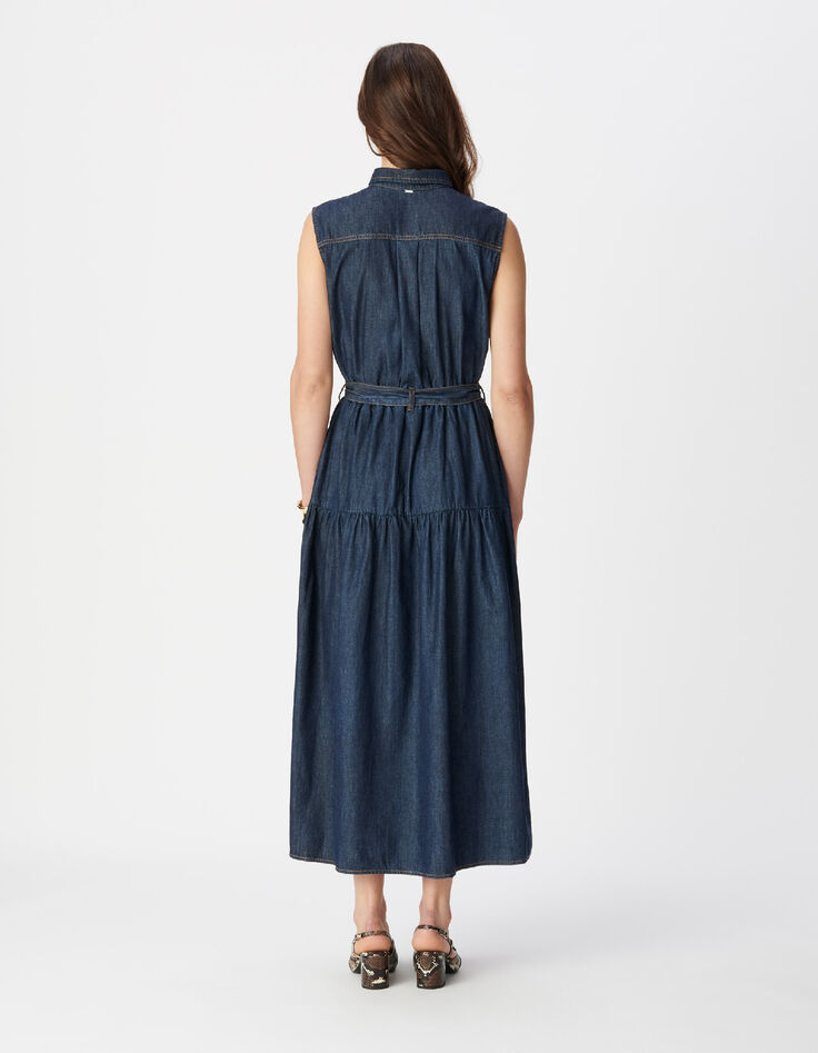 Mujer maxi vestido abotonado de denim crudo-2