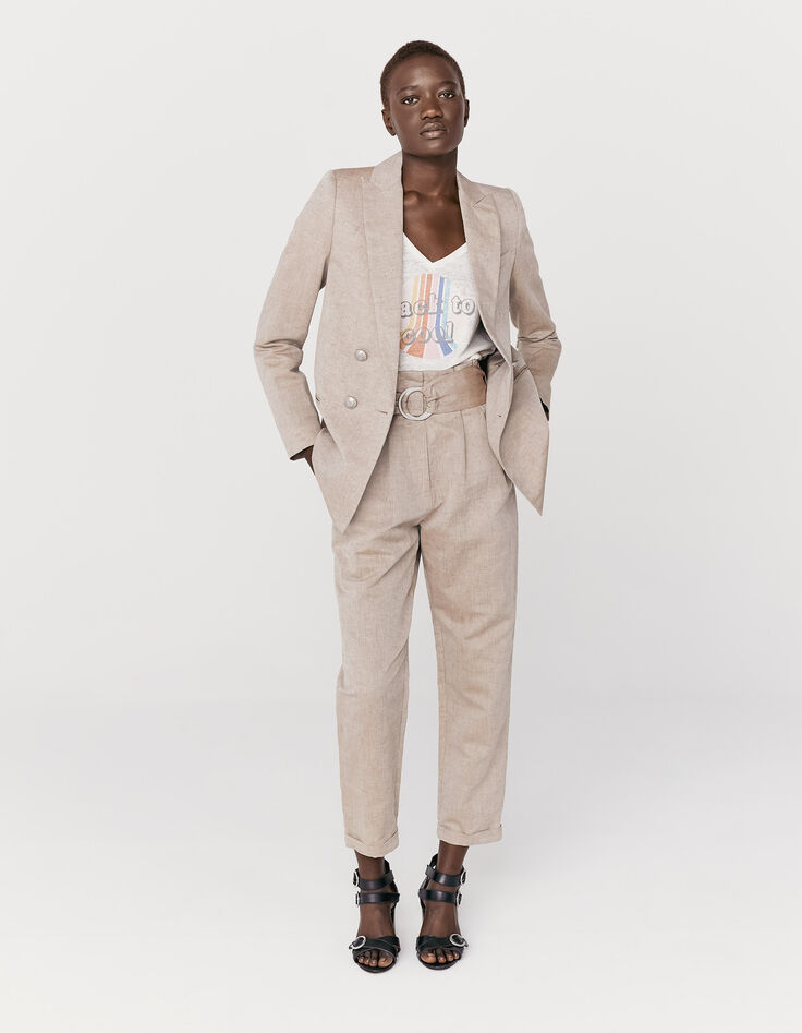 Pantalones camel lino algodón cinturón mujer-1
