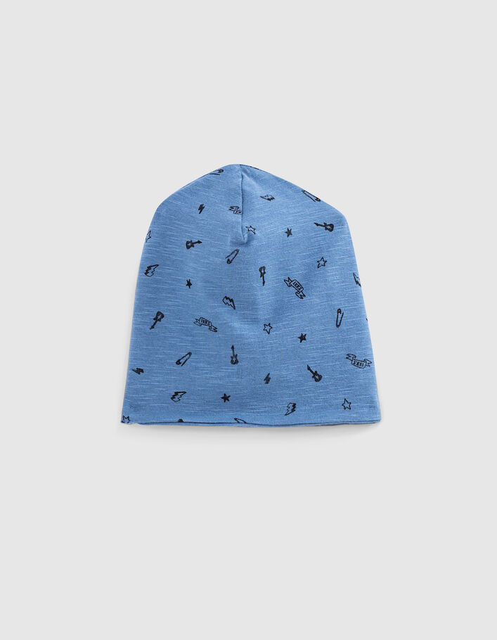 Baby’s blue+rock print organic cotton reversible beanie - IKKS