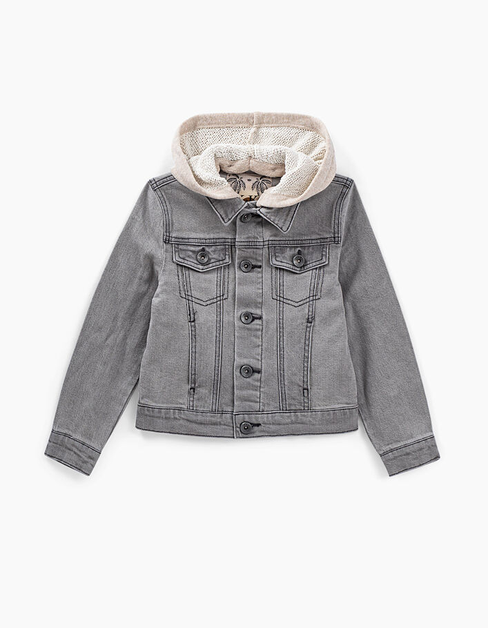 Boys’ bleached grey denim jacket + sweatshirt fabric hood - IKKS