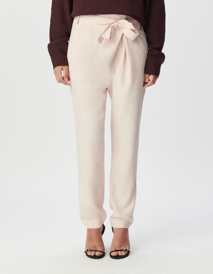 Pantalón de traje rosa cintura asimétrica mujer-3