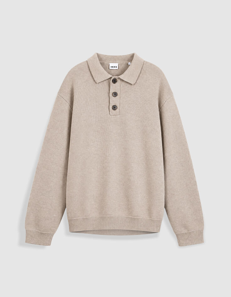 Men's Beige Knitted Sweater with Button-Down Polo Collar-6