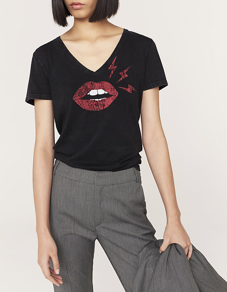 Women’s black acid wash organic cotton T-shirt with lips-2