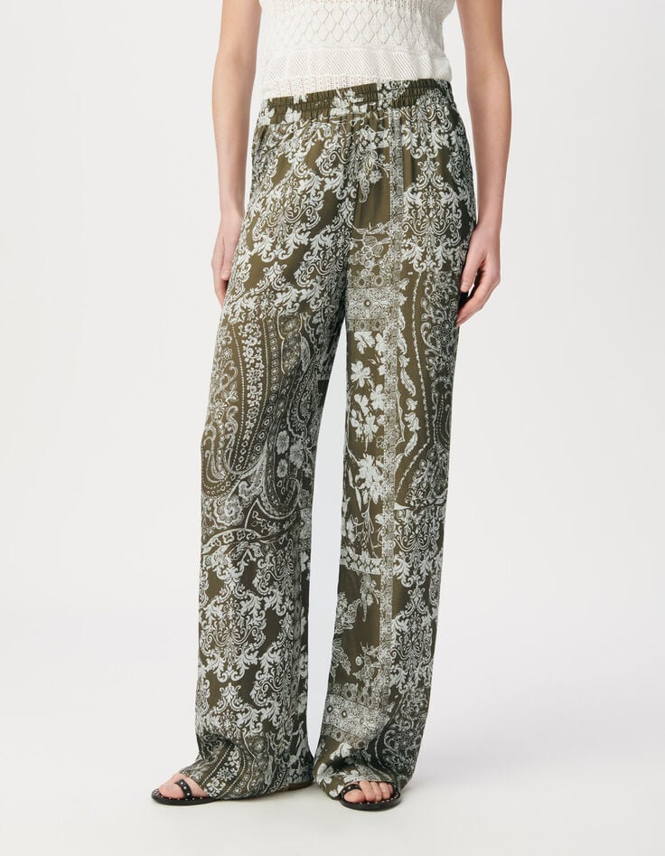 Pantalon large kaki imprimé foulard Femme-3 Pantalon large kaki imprimé foulard Femme-3