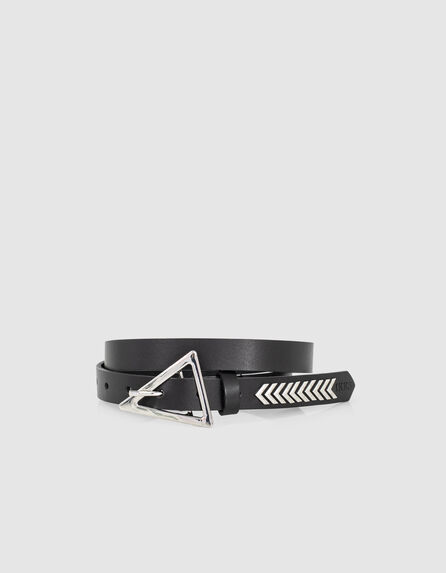Women’s black leather belt, metal V-buckle and chevrons
