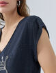 Tee-shirt marine pailleté brodé tête de mort Femme-4