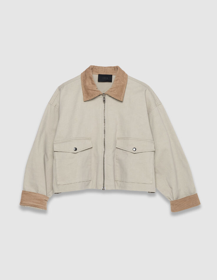 Women's oversized beige jacket with velour details-1