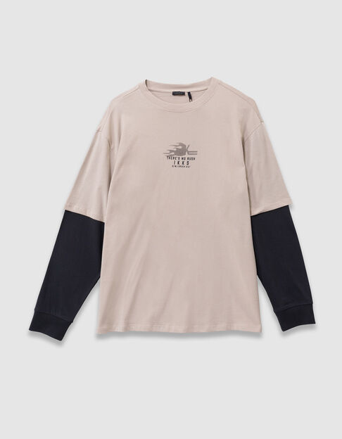T-shirt beige coton bio manches trompe-l'oeil gar&ccedil;on - IKKS