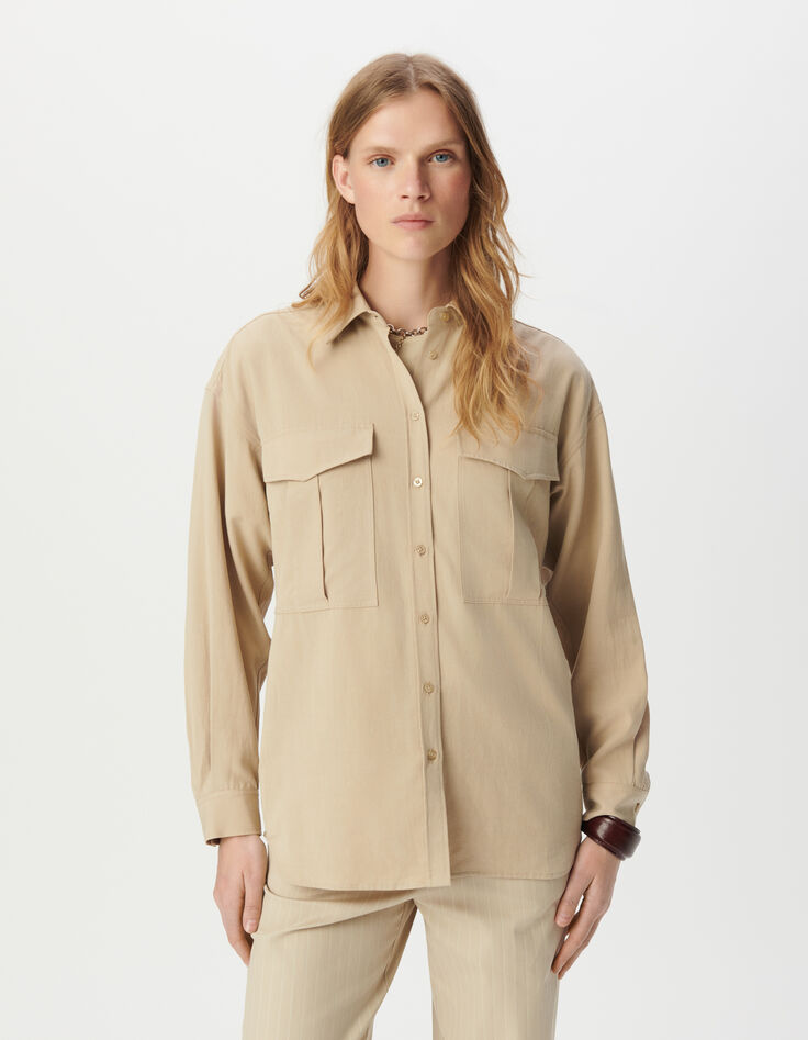 Beiges Oversize-Damenhemd, Maxi-Taschen-2