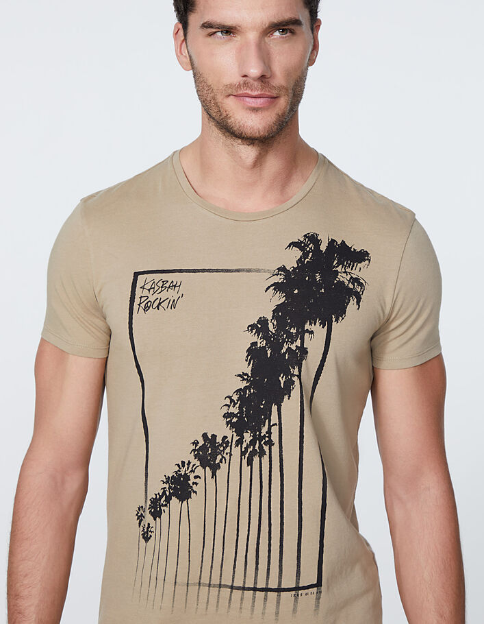 Men’s beige T-shirt with striped palm trees - IKKS