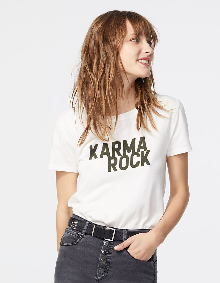 Camiseta blanco roto de algodón modal visual Karma Rock mujer-2