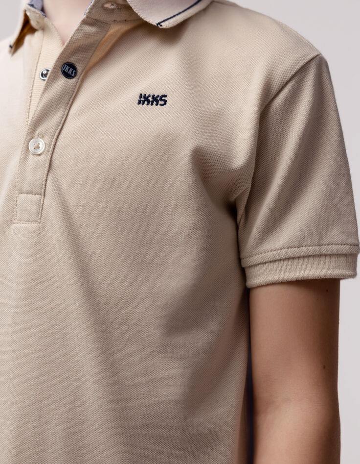 Boys’ beige organic cotton polo shirt with striped collar-2