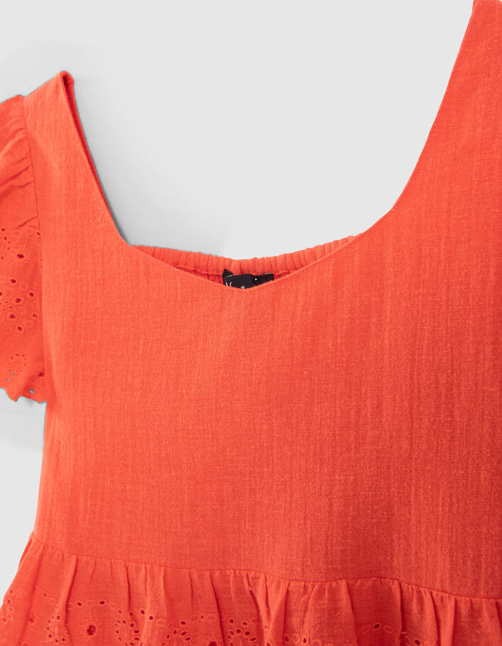 Girls’ red square neck top with eyelet embroidery - IKKS